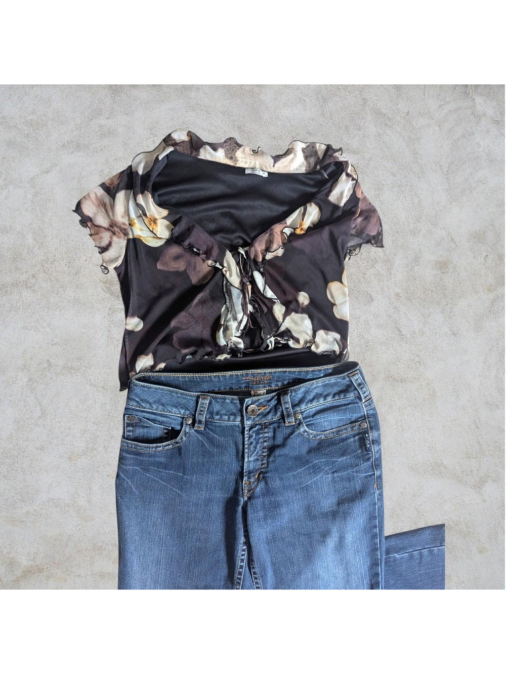 Ardene Black Floral Y2K Sheer Blouse Ruffle Tie Front - Picture 5 of 10